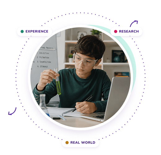 Student exploring a science experiment, illustrating the experience, research, and real-world pillars of the LGS methodology